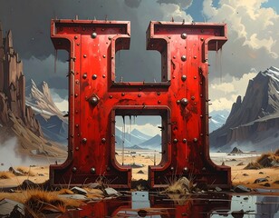 Giant Red Metal Letter 'H' in a Mountainous Landscape with a Moody Sky