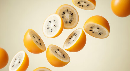 Fototapeta premium Fresh Golden Kiwi Fruit Halves with Black Seeds Falling.