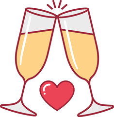 Two Champagne Glasses Toasting with Red Heart Icon celebration clinking