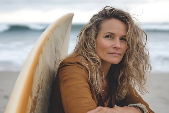 Surfer woman rests against surfboard on beach, thoughtful expression near ocean waves - Powered by Adobe