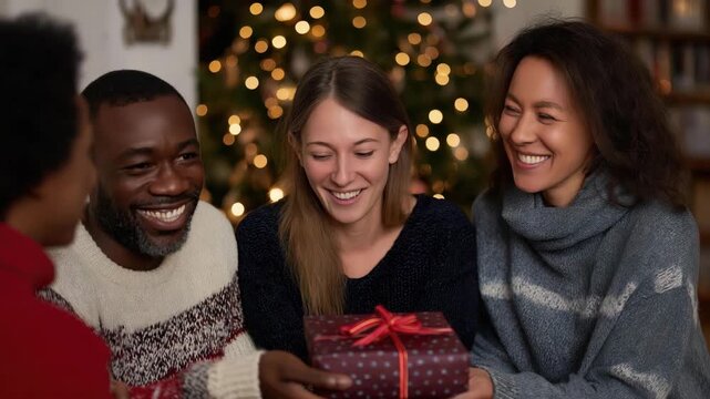 A festive holiday scene featuring four friends sharing laughter and joy while exchanging gifts in front of a beautifully decorated Christmas tree with warm lights.