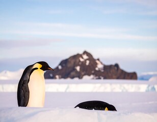 Two penguins stand on a snowy landscape