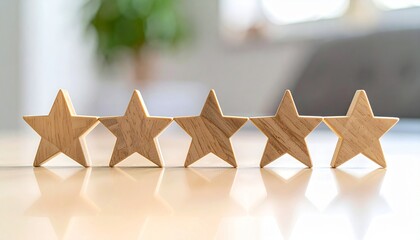 星の形をした5つの木製のオブジェが机の上で横に並ぶ。AIで生成