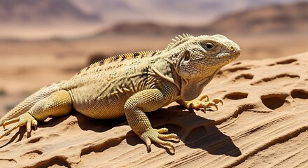 Obraz premium Close-up of a Light-Colored Iguana Resting on a Textured Rock in a Desert Environment