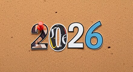 The year 2026 is displayed as a collage of numbers pinned to a brown cork board with a red thumbtack.