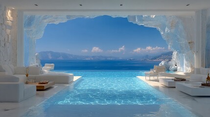 Obraz premium Luxury coastal villa with infinity pool offering stunning ocean view from a cave like living room