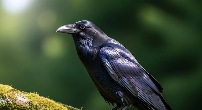 Close-up of a majestic black raven perched on a moss-covered branch in a sunlit forest