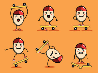 Cute egg playing with skateboard cartoon vector icon illustration set
