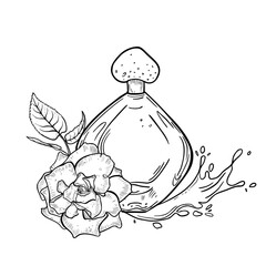 Hand drawn perfume bottle with rose and water splashes in line art isolated background. Black white vector illustration for feminine gift packaging and print. Monochrome sketch for Mother's Day.