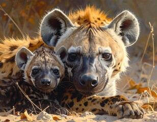 Hyena Mother And Cub Close