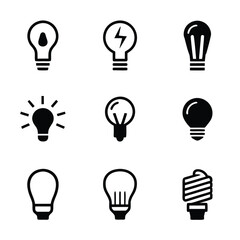 Collection of nine black and white light bulb icons on white background idea energy