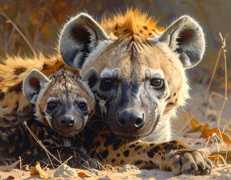 Hyena Mother and Cub: A Close-up Portrait in Natural Environment