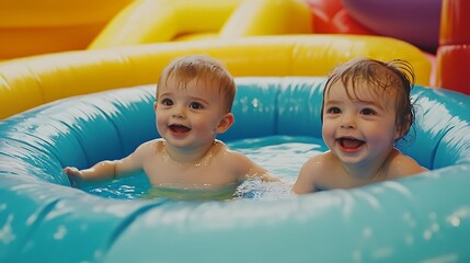 Two Happy Toddlers Splashing in Blue Inflatable Pool, Laughing and Playing Together