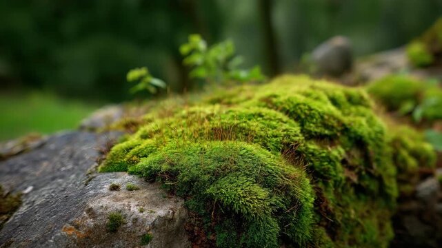 A vibrant patch of moss covers an ancient rock, creating a serene atmosphere and showcasing the beauty of nature's resilience in lush green hues under soft lighting.