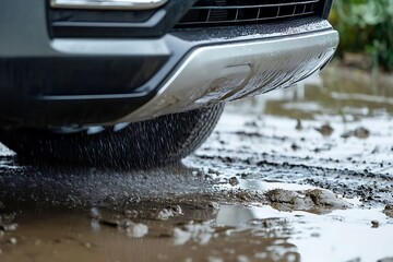 Wet Car Bumper in Muddy Puddle CloseUp, OffRoad Vehicle Challenge, Wet Terrain