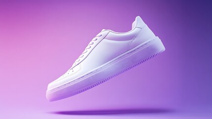 White Minimalist Sneaker Floating Against a Graded Purple and Pink Background for Design