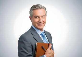 Smiling mature businessman in a grey suit holding a brown notebook, looking confidently at the camera.