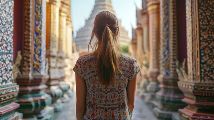 Woman Gazing at Ornate Temple Architecture, Spiritual Travel and Cultural Exploration