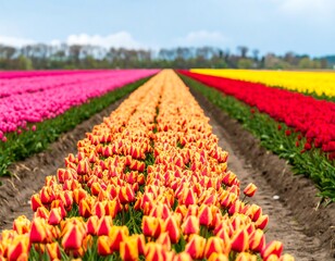 Fototapeta premium Rows of colorful blooming tulips in a vibrant springtime field
