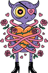 Fototapeta premium One-eyed purple monster hugging heart � eerie Halloween love sticker with roses and cuteness