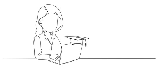 Woman with laptop computer and student cup in one continuous line drawing. Searching job for young graduate. Education concept