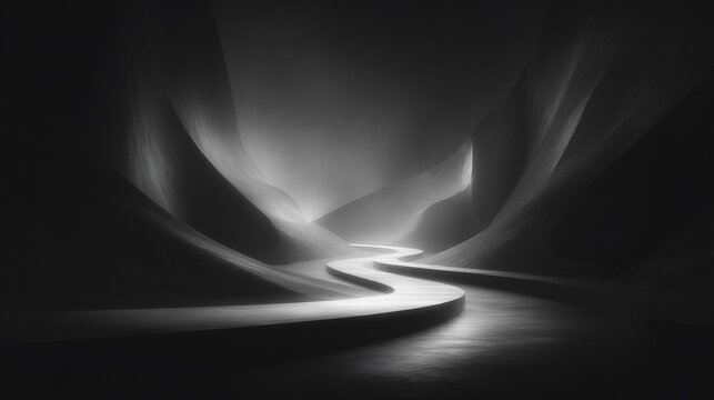 Monochromatic winding road in a dark valley creating a path into the unknown future