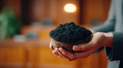 Environmental Lawsuit concept. Hand holding soil with a blurred background of a courtroom setting.