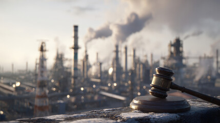 Environmental Lawsuit concept. Industrial scene with a gavel in the foreground and smokestacks in the background.