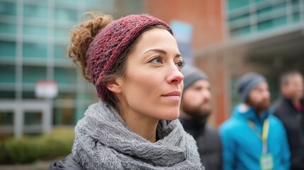 Environmental Lawsuit concept. Focused woman with a thoughtful expression outdoors in a winter setting.