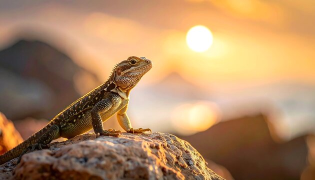 Lizard on rock at sunset