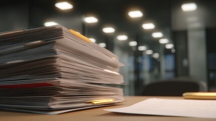 Environmental Lawsuit concept. Stack of documents on a desk with blurred office background.