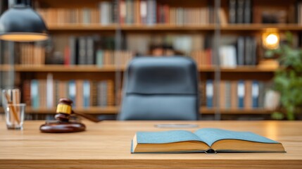 Environmental Lawsuit concept. Modern office workspace with a book and gavel on the desk.
