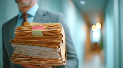 Environmental Lawsuit concept. Businessman carrying a stack of documents in an office hallway.