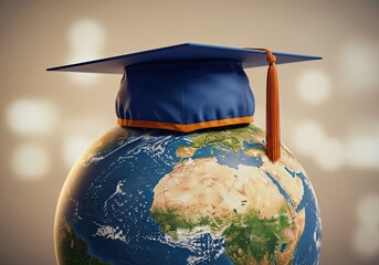 Celebrate global education with a graduation cap atop the world, symbolizing academic success and international opportunities for learning and growth worldwide