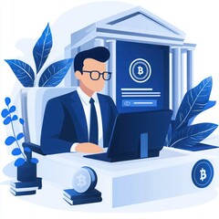 Professional Businessman Working on Cryptocurrency Investment in Modern Office Environment with Digital Bank Concept