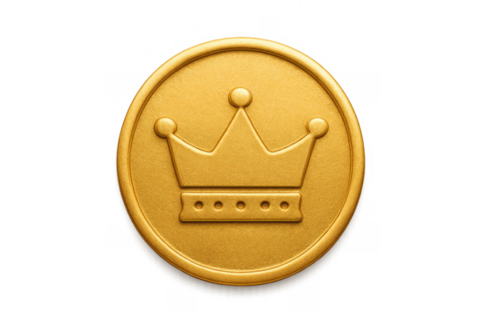 Golden coin with crown symbol on transparent background