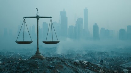 Environmental Lawsuit concept. A scale symbolizing justice amidst a polluted cityscape.
