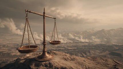 Environmental Lawsuit concept. A balancing scale amidst an industrial landscape under a cloudy sky.