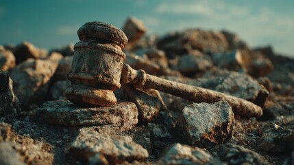 Environmental Lawsuit concept. Weathered gavel resting on rubble with a dramatic sky backdrop.