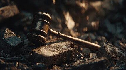 Environmental Lawsuit concept. Gavel resting on dark, textured surface with soft lighting.