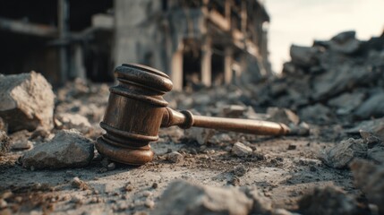 Environmental Lawsuit concept. A gavel lies on cracked ground amidst debris and rubble.