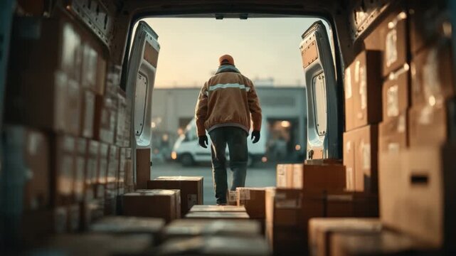 Delivery Worker Organizing Packages in Open Van at Sunset, Busy Logistics Scene Reflecting Urban Life and Transportation Challenges