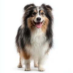 Obraz premium Happy fluffy dog standing with tongue out on white background looking friendly and full of energy