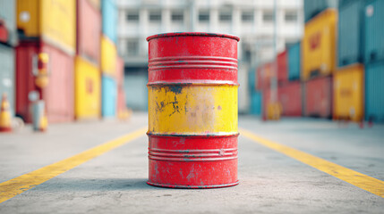 Environmental Lawsuit concept. Rusty barrel in a shipping yard surrounded by containers.