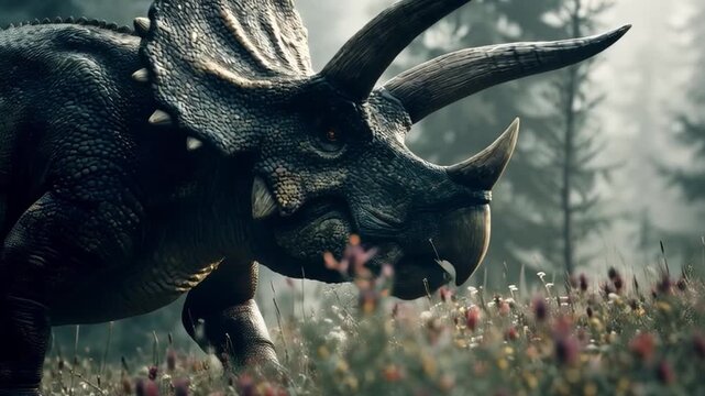 Realistic Triceratops Dinosaur in a Lush Forest Landscape