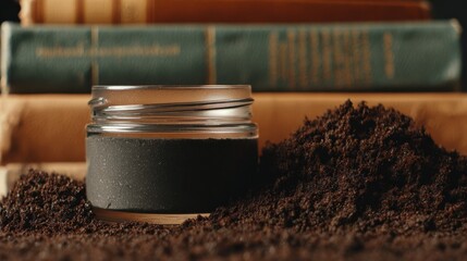 Environmental Lawsuit concept. Coffee grounds in a jar with books in the background.