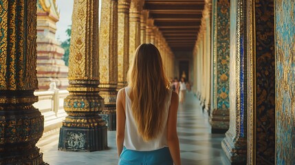 Woman Walking Through Temple Corridor with Intricate Gold Columns and Artful Decorations