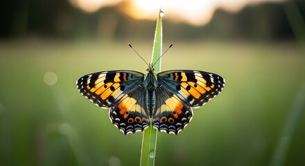 Obraz premium Close-up of a Painted Lady Butterfly perched on a blade of grass at sunrise.
