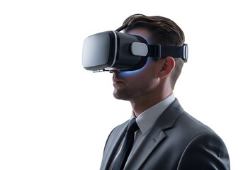 Professional man in a suit wearing a virtual reality headset, experiencing an immersive digital world.