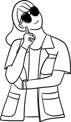 outline drawing illustration of thoughtful  female lab technician
